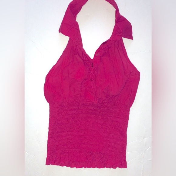 RETRO RED COTTON HALTER Tuxedo TOP w/ruffles- XS - Picture 1 of 11